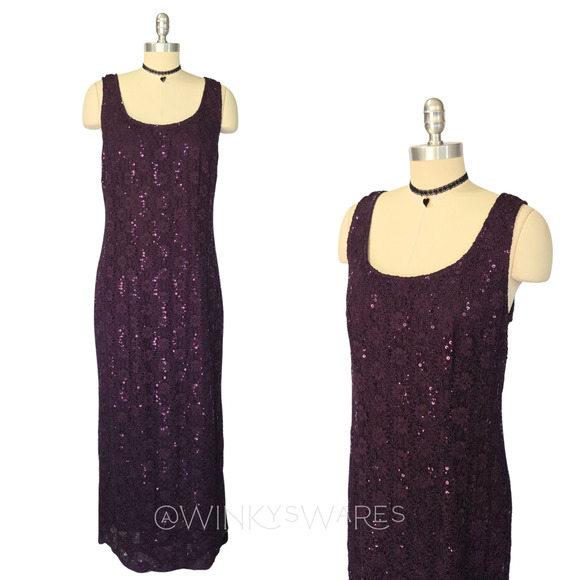 Vintage 90s Purple Lace Maxi Dress Size L Ethereal Fairy Grunge Glam Formal - Picture 1 of 11